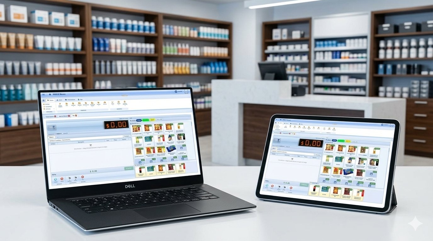 Punto de venta de eNexus en una notebook y una tablet sobre el mostrador de un comercio